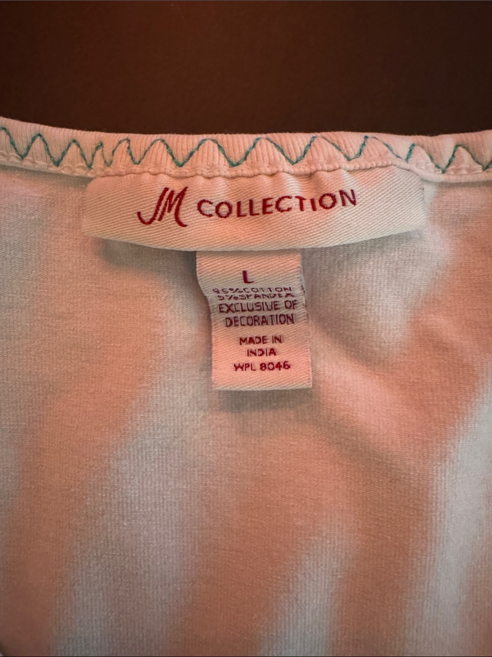 JM Collection White V-Neck Tee with Teal Floral Embroidery - Picture 4 of 8